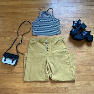 Mustard yellow wide leg cropped high waist button up pants